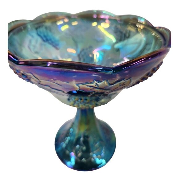 Vintage Indiana Iridescent Carnival Glass Grape Leaf Blue Compote Bowl Embossed - Picture 6 of 6